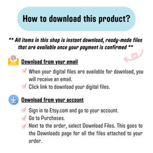 Informational Guide: How to Download Digital Products. The image clearly outlines the two ways to receive instant download files: via the email link provided upon payment confirmation, and by signing in to Etsy, navigating to Purchases, and selecting "Download Files" next to the order. Confirms all items are instant, ready-made files.