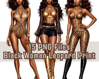 Black Woman Fashion Clipart, Leopard Watercolor PNG, Digital Download