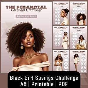 Peut inclure: Image numérique imprimable mettant en vedette une femme noire avec un collier en or, des boucles d'oreilles et une robe épaules nues. L'image comprend le texte : "THE FINANCIAL Grow-up Challenge" et "Black Girl Savings Challenge A6 | Printable | PDF."