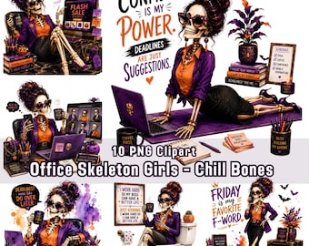 Funny Skeleton Office Girl Clipart, Chill Bones, Watercolor PNG, Halloween Digital Download
