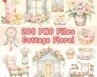 Watercolor Cottage Floral Clipart, Pastel Flower, Vintage Cottage Decor (Digital Download)