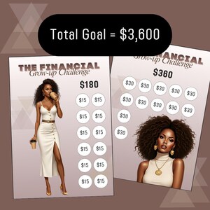 Two financial savings challenge tracker printables for A6, showing a $180 and $360, each featuring a stylish Black woman illustration and marked as a Total Goal = $3,600.