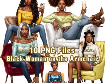 Black Woman on Armchair Clipart, 10 PNG, Elegant Girl, Fashion Illustration (Digital Download)