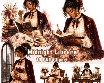 Dark Academia Black Woman Clipart, Watercolor PNG, Vintage Digital Download