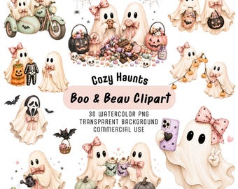 Boo & Beau Watercolor Ghost Clipart, Cozy Halloween PNG (Digital Download)