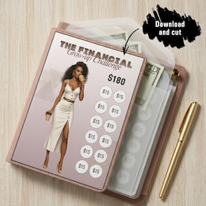 A printable $180 financial savings challenge tracker featuring a stylish Black woman, tucked into a pink cash envelope binder with currency visible, emphasizing the 'Download and cut' instructions.