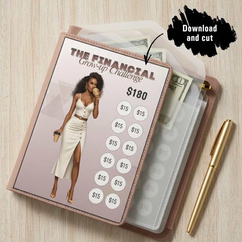 A printable $180 financial savings challenge tracker featuring a stylish Black woman, tucked into a pink cash envelope binder with currency visible, emphasizing the 'Download and cut' instructions.