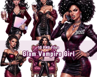 Clipart di una boss vampira glamour nera, PNG ad acquerello, download digitale per Halloween