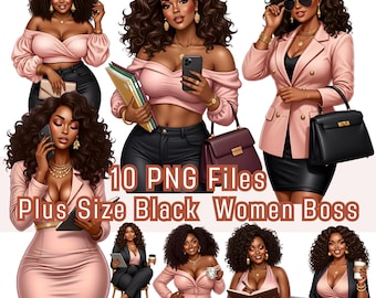 Plus Size Black Women Boss Clipart, 10 PNG, Pink Fashion Illustration (Digital Download)