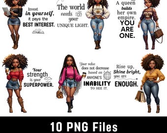 Arte di una ragazza nera in stile Chibi, 10 PNG, citazione di empowerment stampabile, affermazioni per le donne (download digitale)
