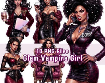 Black Glam Vampire Boss Lady Clipart, Watercolour PNG, Halloween Digital Download