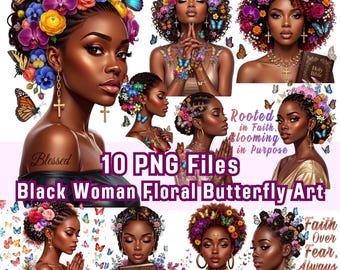 Black Woman Clipart, Floral Butterfly Art, Prayerful Faith Illustrations (Digital Download)