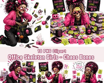 Funny Skeleton Office Girl Clipart, Chaos Bones, Watercolor PNG, Halloween Digital Download