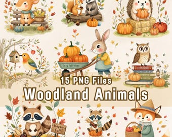 Watercolor Woodland Animals Clipart, 15 PNG Files, Fall Vibes, Pumpkin Harvest Clipart (Digital Download)