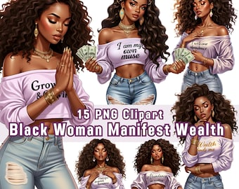 Black Woman Manifest Wealth Clipart, 15 PNG, Money Manifestation, Affirmations stickers (Digital Download)