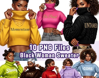 Black Woman Sweater Clipart, 10 PNG, Afro Woman Turtleneck Fashion Illustration (Digital Download)