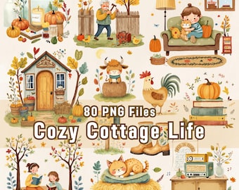 Cozy Cottage Life Clipart Bundle, 80 PNG, Watercolor Autumn Farmhouse Animals (Digital Download)