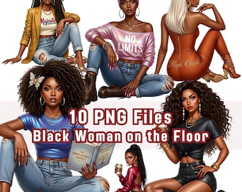Black Woman on the Floor Clipart, 10 PNG, Stylish Melanin Women (Digital Download)