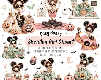 Cozy Pastel Skeleton Girl Clipart, Watercolor PNG, Halloween Digital Download