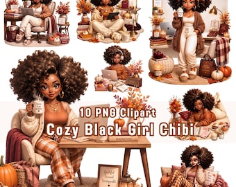 Cozy Black Girl Chibi Clipart, Autumn Home Office, Planner Stickers (Digital Download)