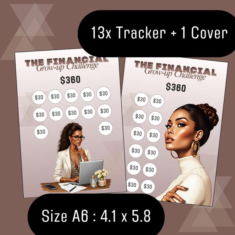 Two financial savings challenge tracker printables for A6, both showing a $360, each featuring a stylish Black woman illustration and marked as a 13 tracker plus 1 cover with size A6: 4.1 x 5.8.