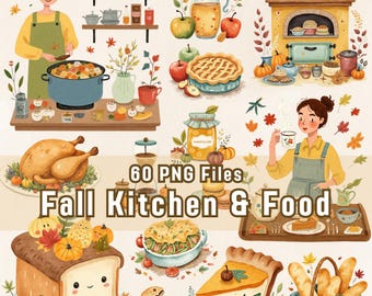 Watercolor Fall Kitchen Clipart Bundle, 60 PNG, Autumn Food Graphics (Digital Download)