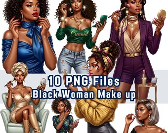Black Woman Makeup Clipart, 10 PNG, Fashion Illustration, Afro Glam Art (Digital Download)