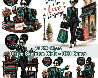 Funny Skeleton Office Girl Clipart, CEO Bones, Watercolor PNG, Halloween Digital Download