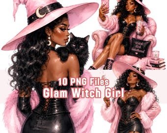 Black Glam Witch Boss Lady Clipart, Watercolour PNG, Vintage Halloween Digital Download