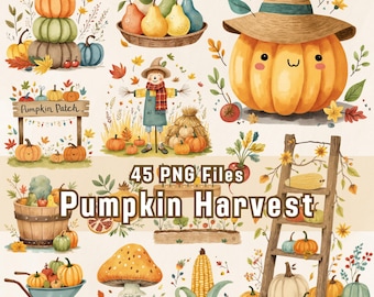 Watercolor Pumpkin Harvest Clipart, 45 Autumn PNG Files, Fall Leaves (Digital Download)