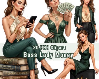 Boss Lady Money Clipart, 20 PNG, Watercolor Wealthy Business Woman (Digital Download)