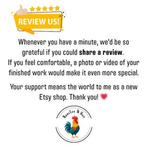 Informational Image: Request for Customer Review. The text asks customers to share a written review, and optionally a photo or video of their finished work, to support a new Etsy shop, Rooster & Hue. The image emphasizes the value of customer feedback to the shop owner.