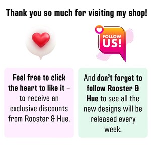 Informational image thanking the buyer and encouraging engagement. The text encourages visitors to click the heart icon to 'like' the item to receive exclusive discounts from Rooster & Hue, and reminds them to follow the shop to see new designs released every week. This promotes customer loyalty and repeat visits.