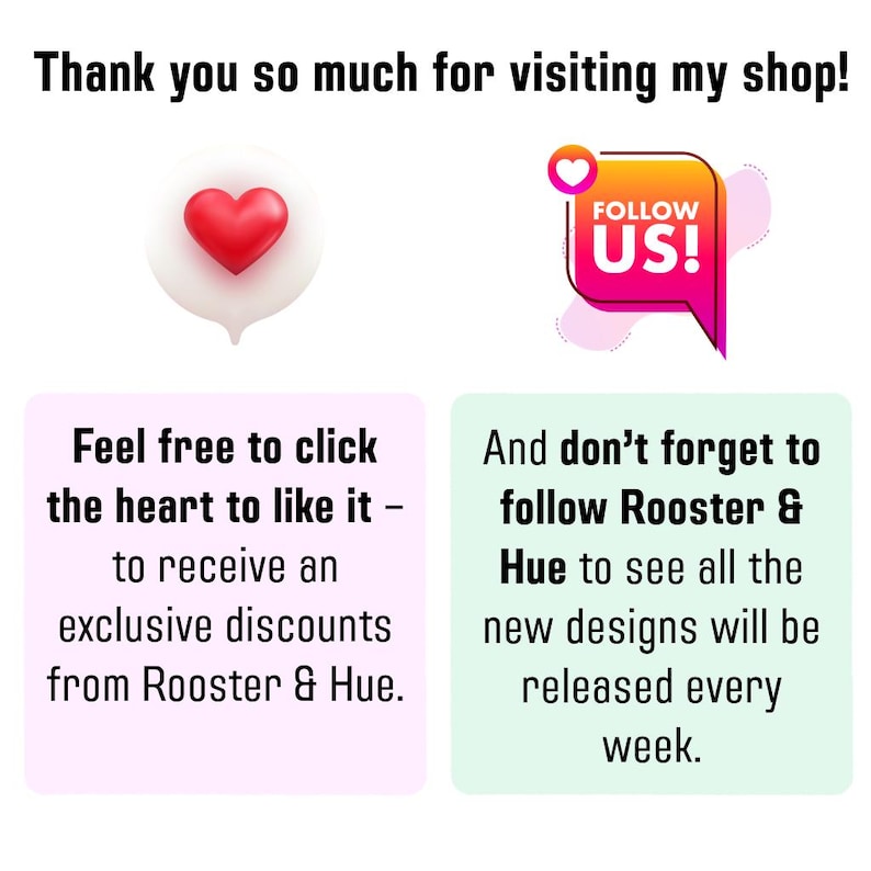 Informational image thanking the buyer and encouraging engagement. The text encourages visitors to click the heart icon to 'like' the item to receive exclusive discounts from Rooster & Hue, and reminds them to follow the shop to see new designs released every week. This promotes customer loyalty and repeat visits.