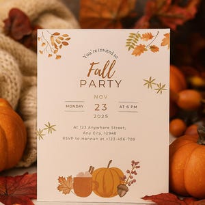 Könnte beinhalten: Eine Einladung zu einer Herbstparty mit dem Text "Fall Party" und Veranstaltungsdetails. Die Einladung zeigt Illustrationen von Kürbissen, Blättern und einer Tasse Kakao. Das Datum ist der 23. November 2025 um 18 Uhr.