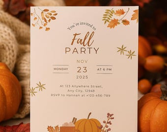 May include: A fall party invitation with the text "Fall Party" and event details. The invitation features illustrations of pumpkins, leaves, and a cup of cocoa. The date is November 23, 2025, at 6 PM.