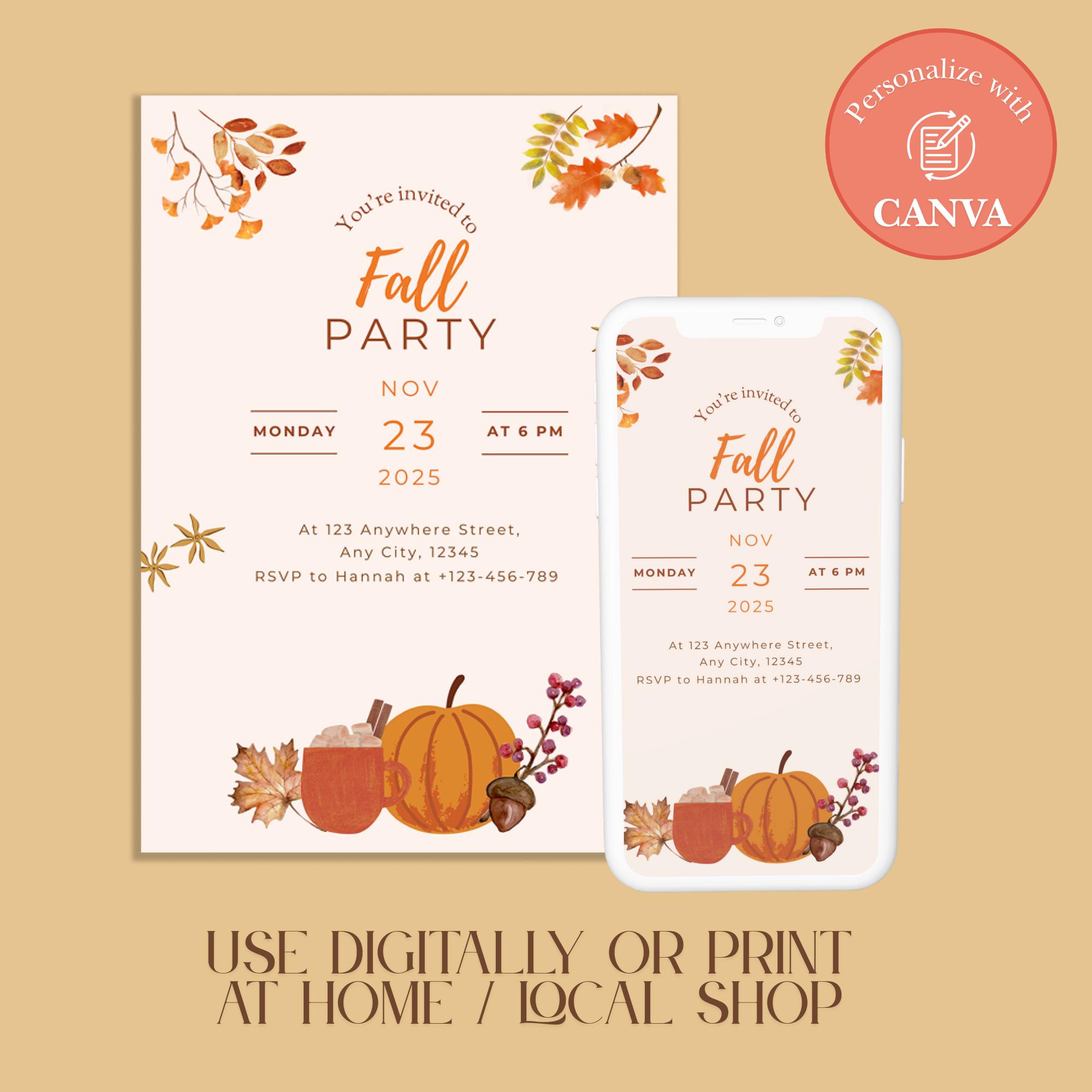 Editable Fall Party Invitation: Autumn Leaves Template (digital ...