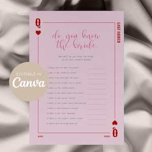 Könnte beinhalten: Eine rosa Brautparty-Spielkarte mit dem Text "do you know the bride" in Schreibschrift. Die Karte enthält Lückentexte und ist mit "Last Rodeo" und "Editable in Canva" beschriftet.