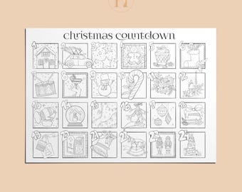 May include: Black and white Christmas countdown calendar with 24 numbered squares, each containing a festive illustration. The words "christmas countdown" are at the top. The design is by AtelikK.