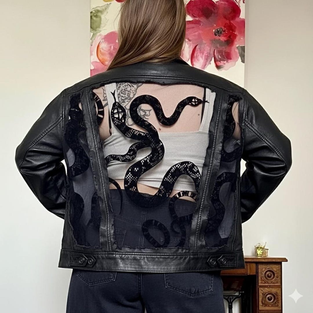 Custom Leather Snake Jacket With Sheer Lace Back & Embroidered Velvet ...