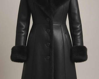 May include: A long, black faux leather coat with a faux fur collar, cuffs, and trim. The coat features a button-down front and a tailored silhouette, offering a classic and elegant look. This outerwear piece is suitable for cold weather.