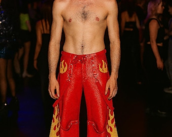 Red Flame Bondage Pants: Wide-Leg Genuine Leather Trousers