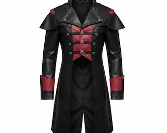 Red & Black Victorian Vampire Gothic Leather Tailcoat - Men's Long Coat Jacket