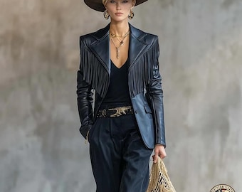 Black Leather Blazer Women Vintage Tassel X Shape Notch Lapel Fashion Jacket Coat