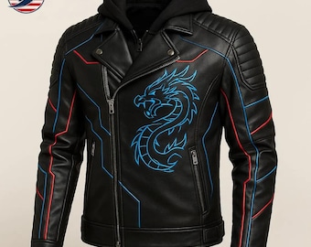 Bikerjacke Drachenstickerei | Handgefertigte Motorrad-Lederjacke aus Rindsleder