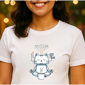 Könnte beinhalten: Weißes T-Shirt mit einer Illustration einer meditierenden Katze. Die Katze sitzt in einer Yoga-Pose mit einer Kaffeetasse und einer gehirnartigen Struktur über ihrem Kopf. Das Design verwendet blaue und graue Akzente.
