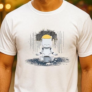 Może przedstawiać: Biała koszulka z kreskówkowym robotem medytującym, trzymającym filiżankę kawy. Robot ma żółtą głowę i siedzi w pozycji lotosu. Projekt zawiera ciemną chmurę i linie.