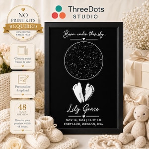 Custom Baby Footprint & Handprint Wall Art Print with Star Map, New Baby Keepsake Gift, Birth Announcement Print