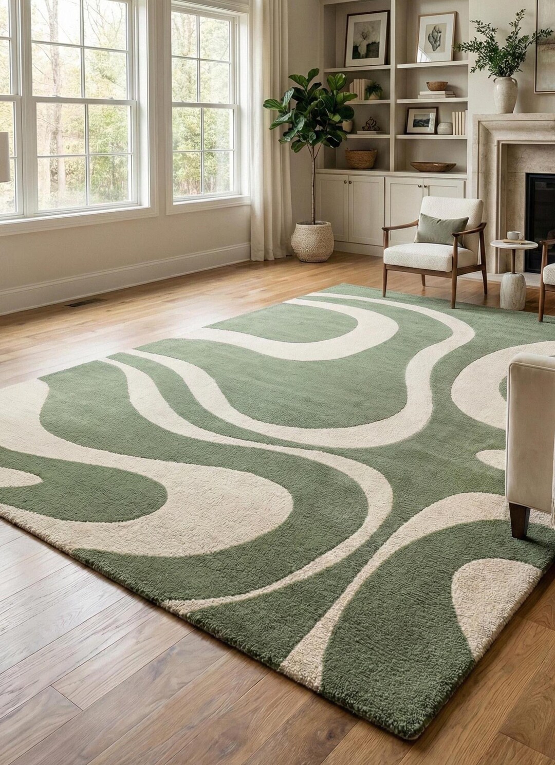 Hand Tufted Rug in Sage Green Wool, Abstract Wave Design, Custom Size ...