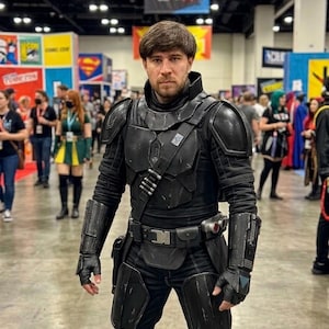 Puede incluir: Una persona con un disfraz negro con armadura, guantes y cintur&oacute;n utilitario, posando en un evento de Comic-Con. El disfraz tiene un dise&ntilde;o futurista con m&uacute;ltiples paneles y detalles. El fondo muestra a otros asistentes y pancartas del evento.